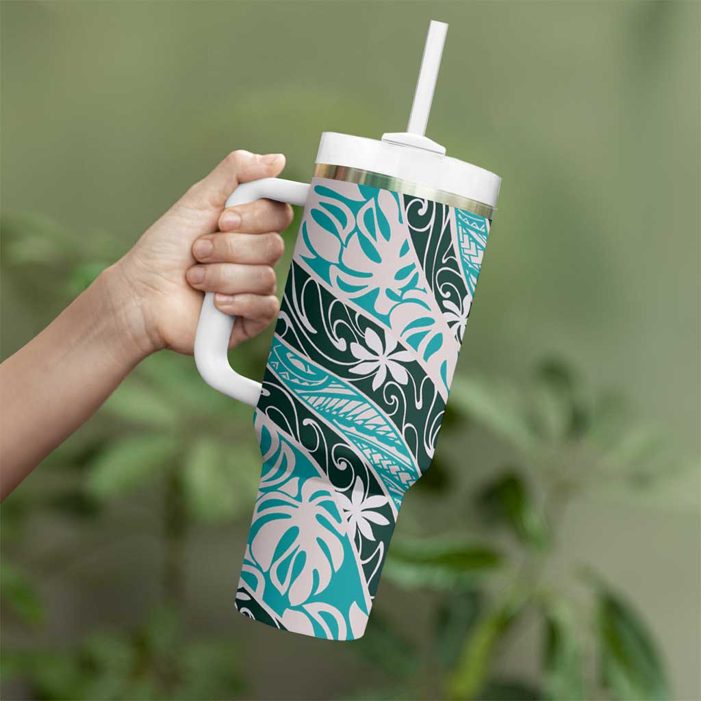 Cyan Tahiti Tiare Monstera Tumbler With Handle Polynesian Pattern Curve Style LT01 - Polynesian Pride