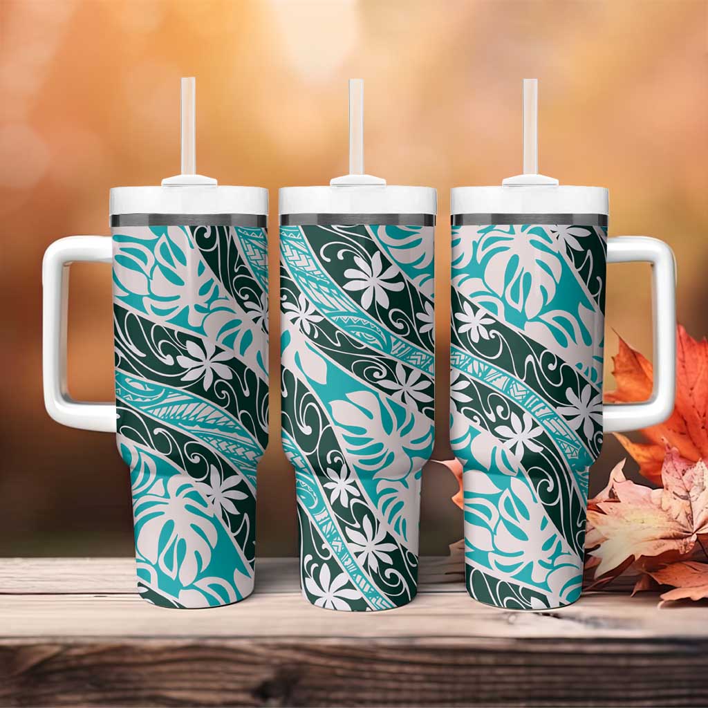 Cyan Tahiti Tiare Monstera Tumbler With Handle Polynesian Pattern Curve Style LT01 - Polynesian Pride