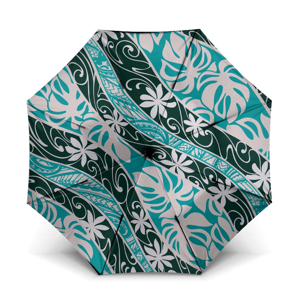 Cyan Tahiti Tiare Monstera Umbrella Polynesian Pattern Curve Style LT01 One Size Folded 11.42 inch Opened Diameter 37.4 inch Cyan - Polynesian Pride