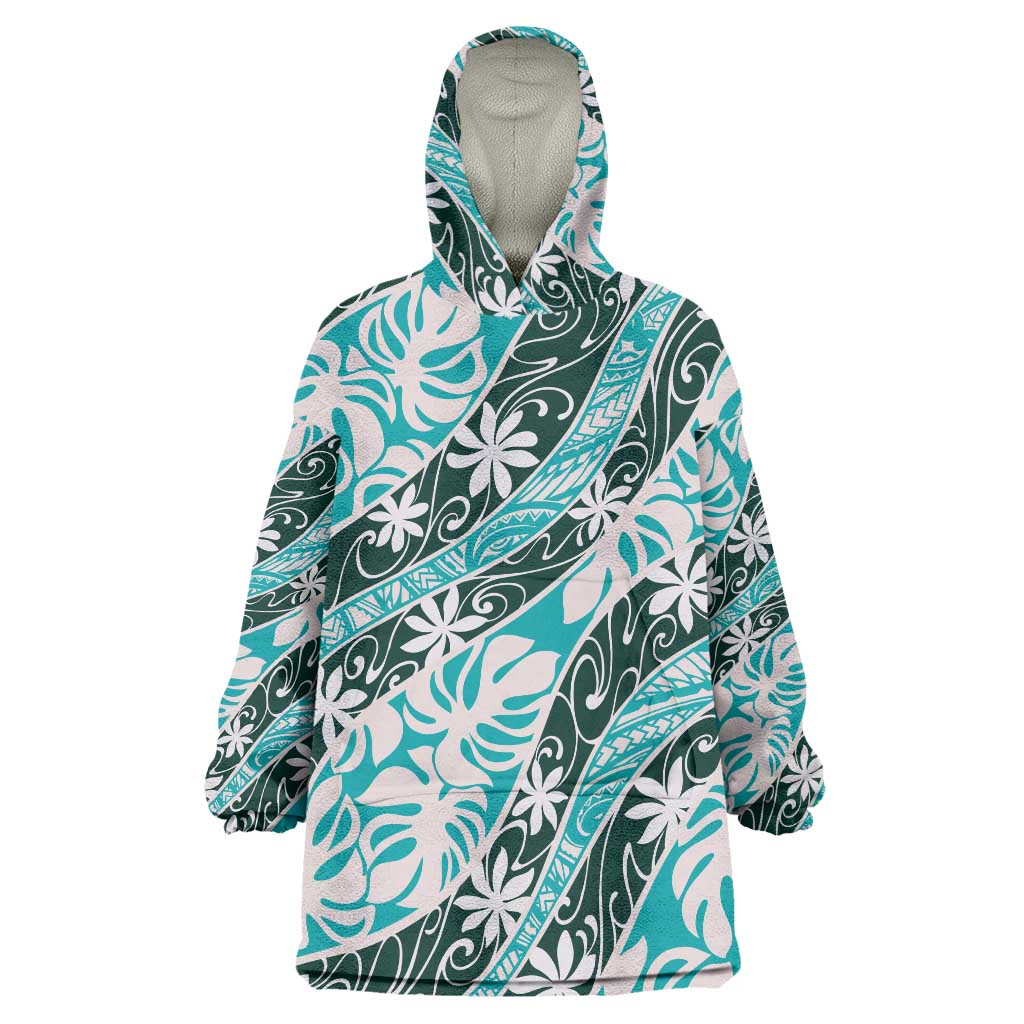 Cyan Tahiti Tiare Monstera Wearable Blanket Hoodie Polynesian Pattern Curve Style LT01 One Size Cyan - Polynesian Pride