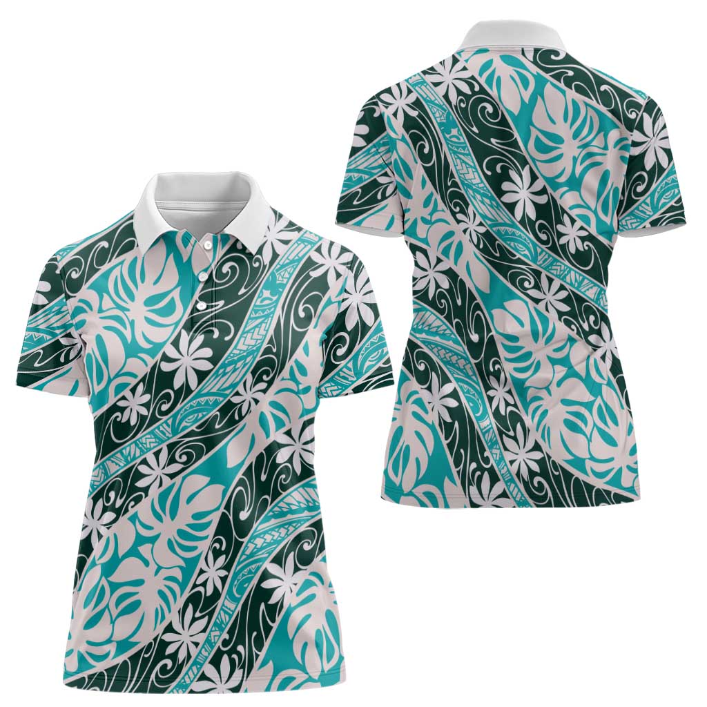 Cyan Tahiti Tiare Monstera Women Polo Shirt Polynesian Pattern Curve Style LT01 - Polynesian Pride