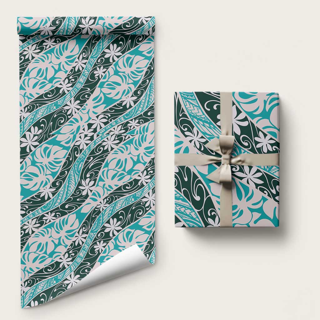 Cyan Tahiti Tiare Monstera Wrapping Paper Polynesian Pattern Curve Style LT01 58" × 23" Cyan - Polynesian Pride