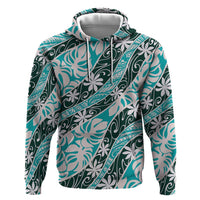 Cyan Tahiti Tiare Monstera Zip Hoodie Polynesian Pattern Curve Style LT01 Pullover Hoodie Cyan - Polynesian Pride