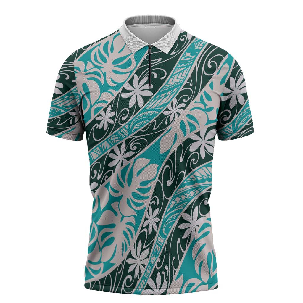 Cyan Tahiti Tiare Monstera Zipper Polo Shirt Polynesian Pattern Curve Style LT01 Cyan - Polynesian Pride