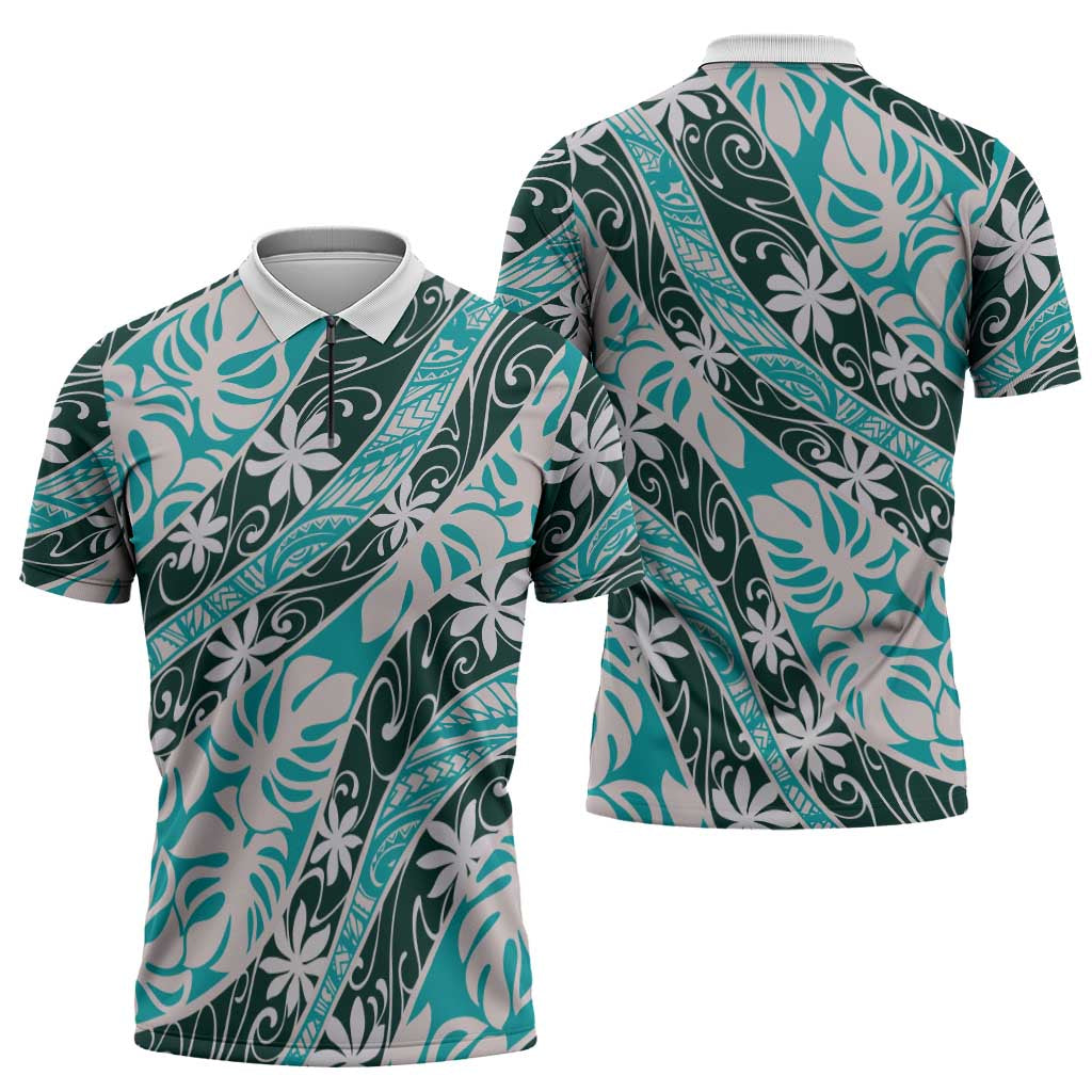 Cyan Tahiti Tiare Monstera Zipper Polo Shirt Polynesian Pattern Curve Style LT01 - Polynesian Pride