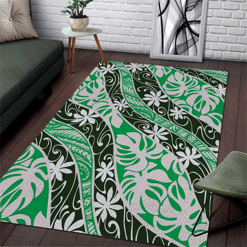 Matie Tahiti Tiare Monstera Area Rug Polynesian Pattern Curve Style LT01 Green - Polynesian Pride