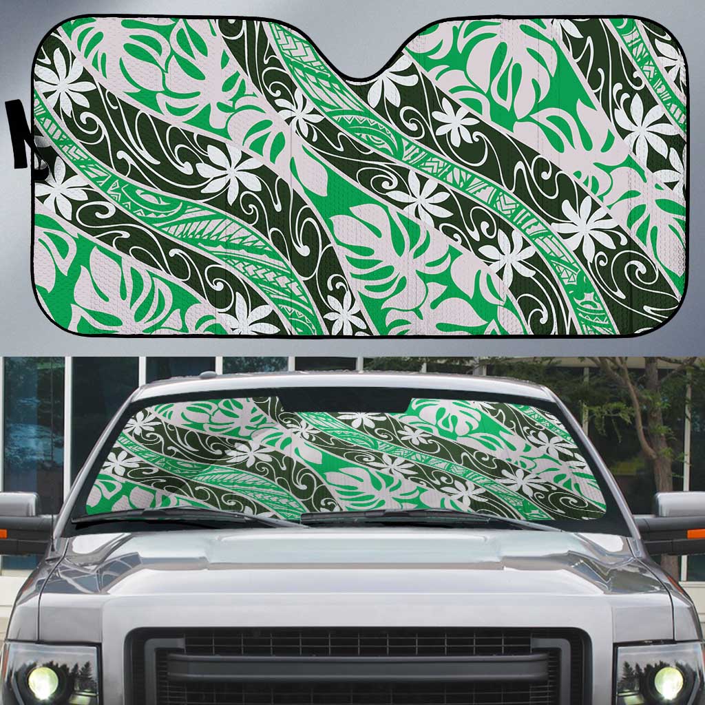 Matie Tahiti Tiare Monstera Auto Sun Shade Polynesian Pattern Curve Style LT01 Green - Polynesian Pride