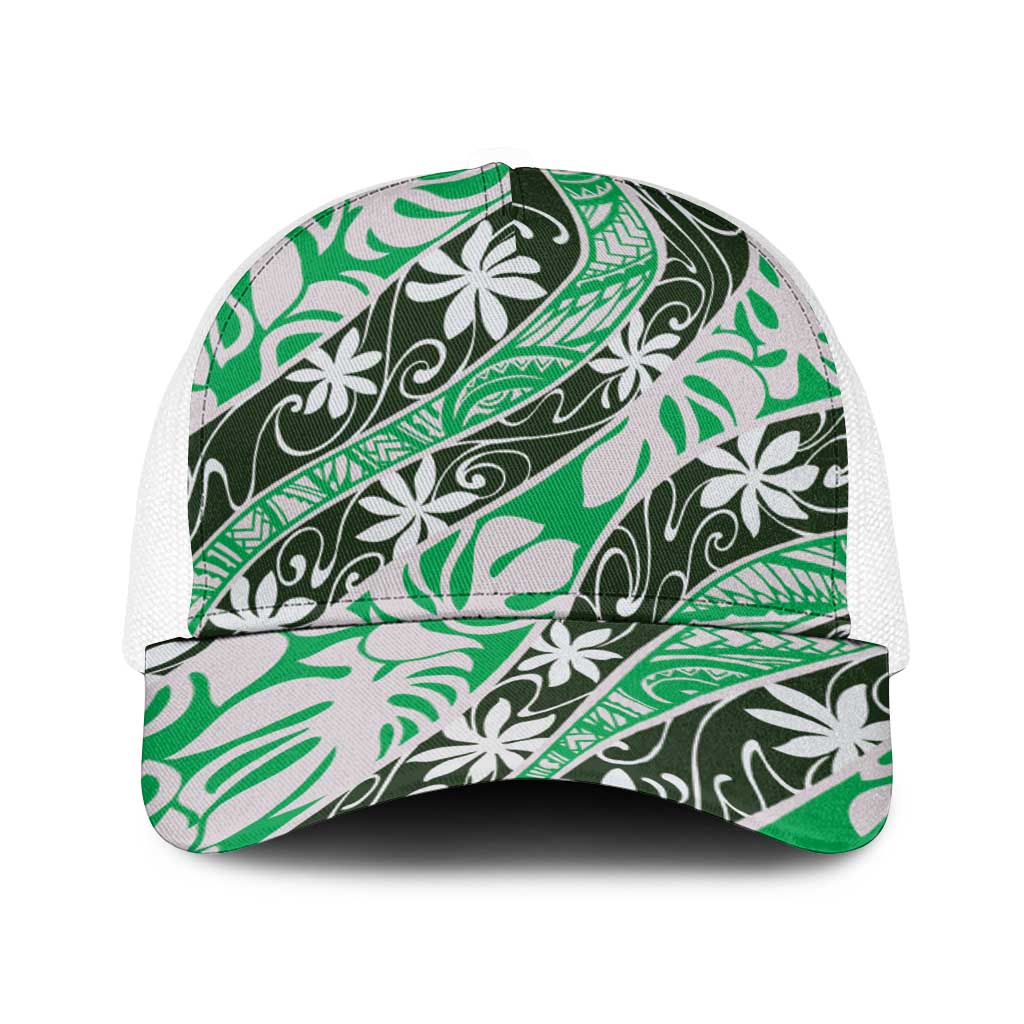 Matie Tahiti Tiare Monstera Baseball Net Cap Polynesian Pattern Curve Style LT01 One Size White Green - Polynesian Pride