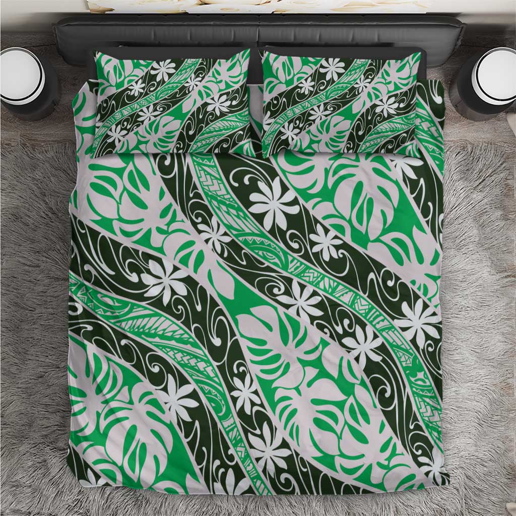 Matie Tahiti Tiare Monstera Bedding Set Polynesian Pattern Curve Style LT01 Green - Polynesian Pride