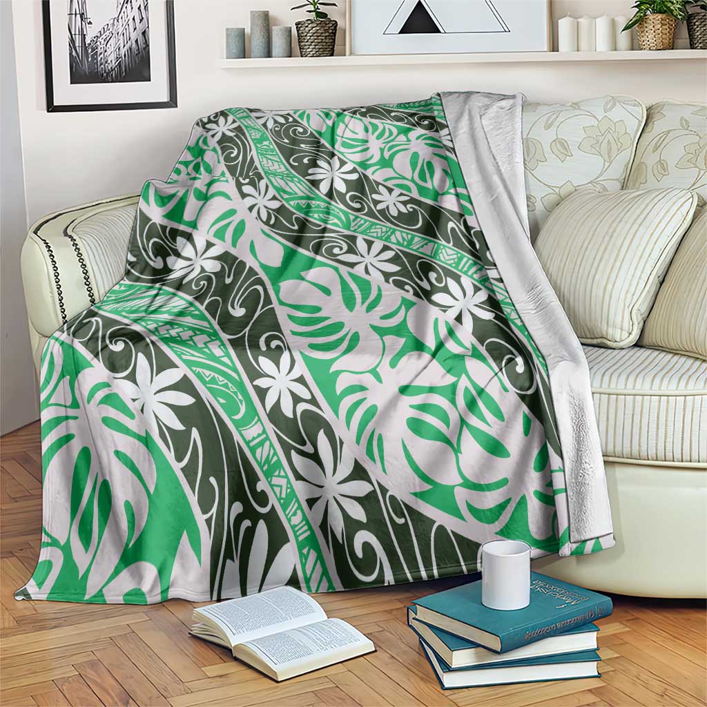 Matie Tahiti Tiare Monstera Blanket Polynesian Pattern Curve Style LT01 Green - Polynesian Pride