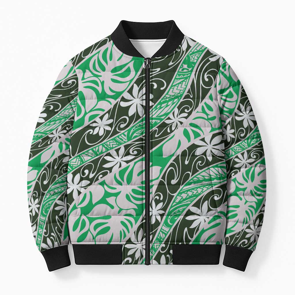 Matie Tahiti Tiare Monstera Bomber Puffer Jacket Polynesian Pattern Curve Style LT01 Unisex Green - Polynesian Pride
