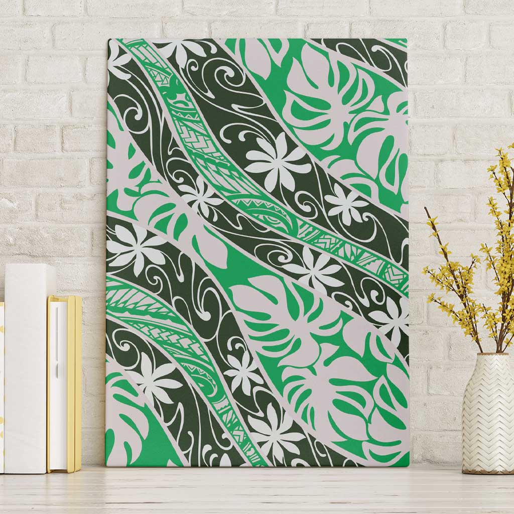 Matie Tahiti Tiare Monstera Canvas Wall Art Polynesian Pattern Curve Style LT01 Without Frame Green - Polynesian Pride