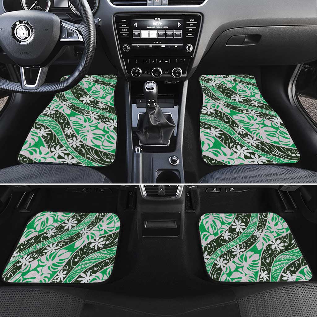 Matie Tahiti Tiare Monstera Car Mats Polynesian Pattern Curve Style LT01 Set 4pcs Green - Polynesian Pride