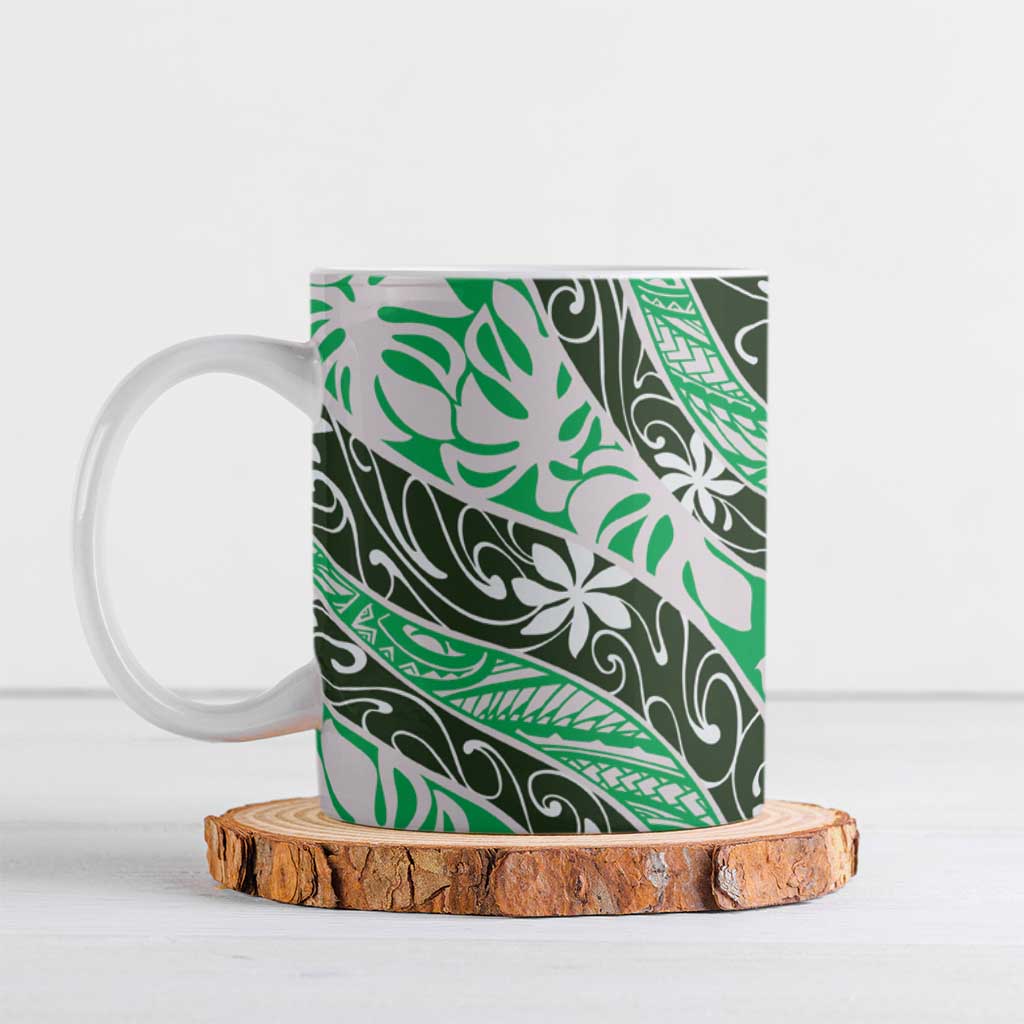 Matie Tahiti Tiare Monstera Ceramic Mug Polynesian Pattern Curve Style LT01 Green - Polynesian Pride