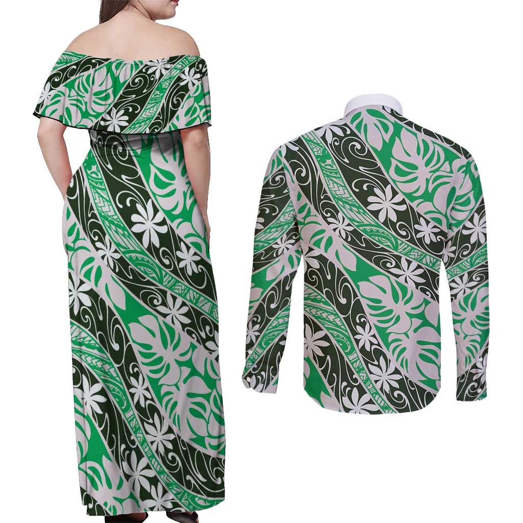 Matie Tahiti Tiare Monstera Couples Matching Off Shoulder Maxi Dress and Long Sleeve Button Shirt Polynesian Pattern Curve Style LT01 - Polynesian Pride