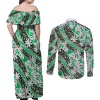 Matie Tahiti Tiare Monstera Couples Matching Off Shoulder Maxi Dress and Long Sleeve Button Shirt Polynesian Pattern Curve Style LT01 - Polynesian Pride