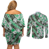 Matie Tahiti Tiare Monstera Couples Matching Off Shoulder Short Dress and Long Sleeve Button Shirt Polynesian Pattern Curve Style LT01 - Polynesian Pride
