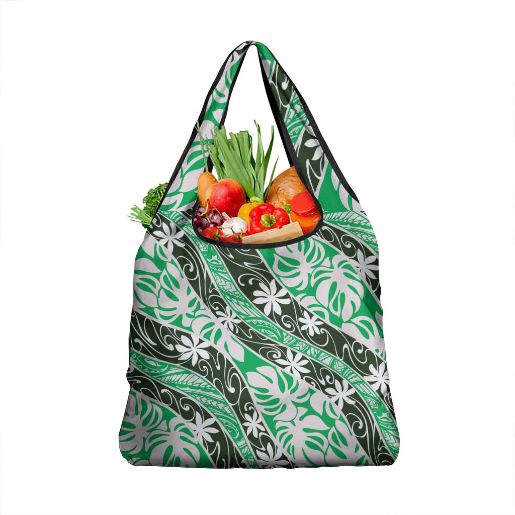 Matie Tahiti Tiare Monstera Grocery Bag Polynesian Pattern Curve Style LT01 1-pack One Size Green - Polynesian Pride