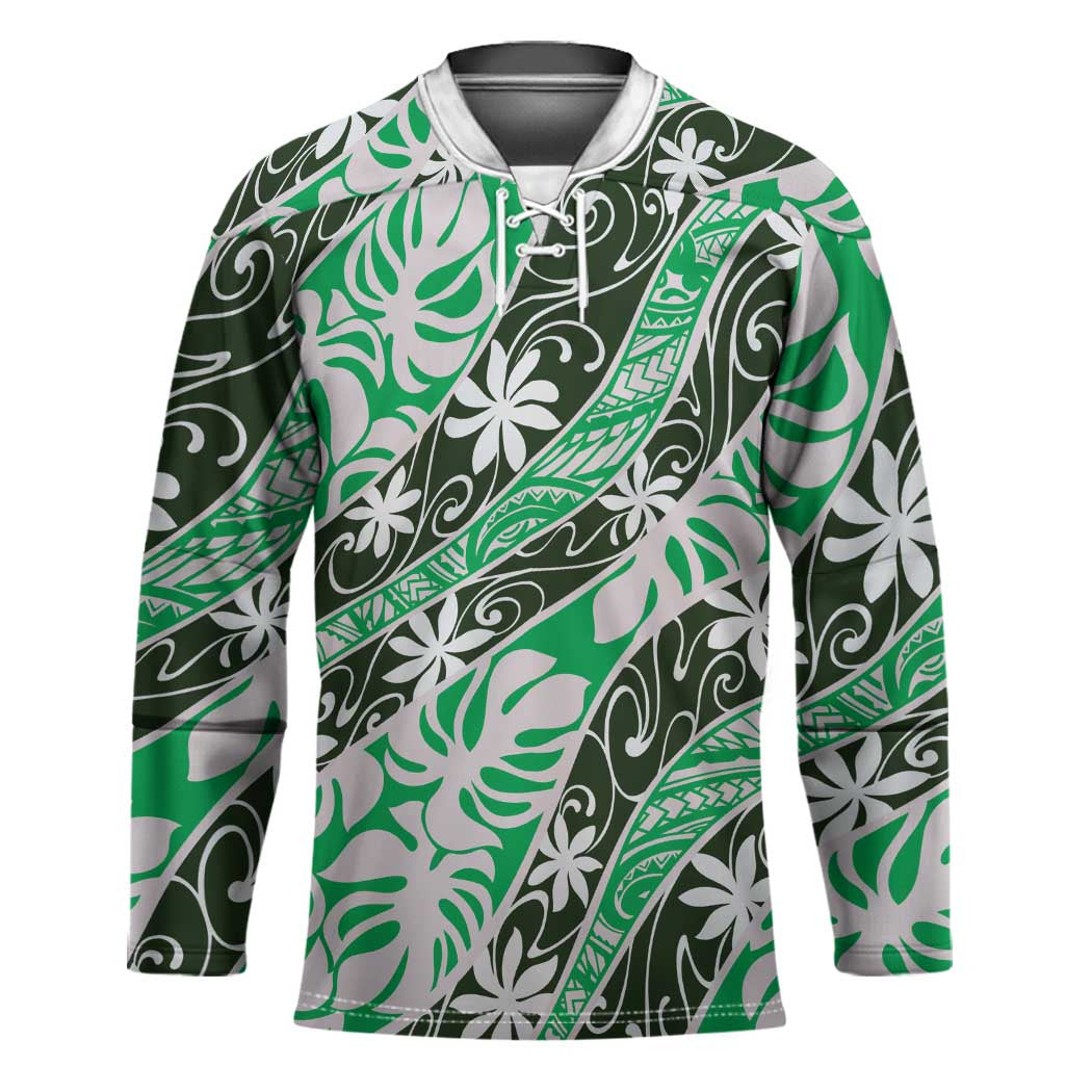 Matie Tahiti Tiare Monstera Hockey Jersey Polynesian Pattern Curve Style LT01 Unisex Green - Polynesian Pride
