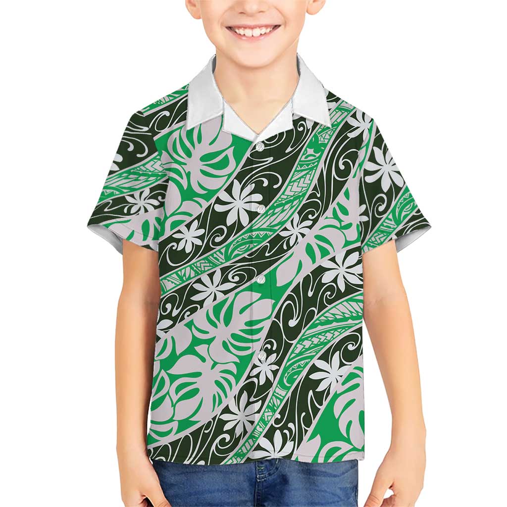 Matie Tahiti Tiare Monstera Kid Hawaiian Shirt Polynesian Pattern Curve Style LT01 Kid Green - Polynesian Pride