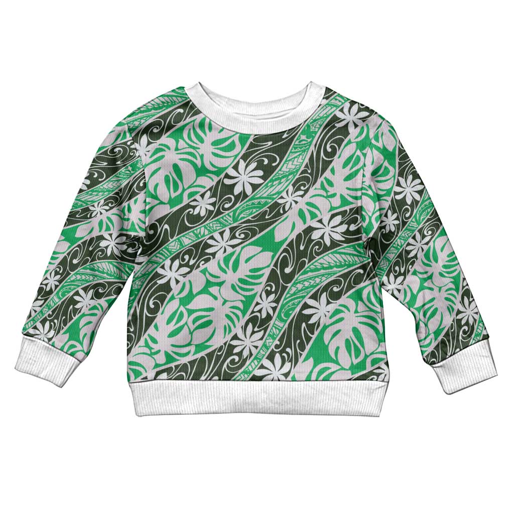 Matie Tahiti Tiare Monstera Kid Ugly Christmas Sweater Polynesian Pattern Curve Style LT01 Kid Green - Polynesian Pride