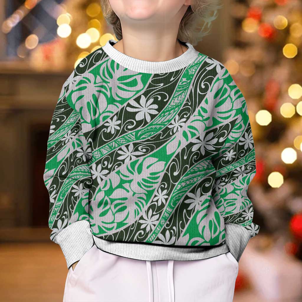 Matie Tahiti Tiare Monstera Kid Ugly Christmas Sweater Polynesian Pattern Curve Style LT01 - Polynesian Pride
