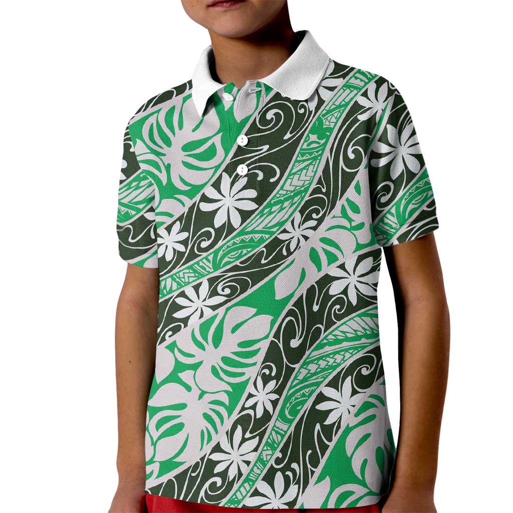 Matie Tahiti Tiare Monstera Kid Polo Shirt Polynesian Pattern Curve Style LT01 Kid Green - Polynesian Pride