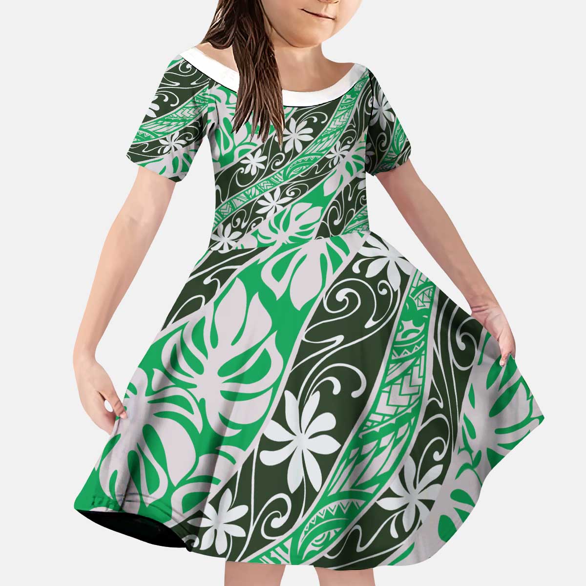 Matie Tahiti Tiare Monstera Kid Short Sleeve Dress Polynesian Pattern Curve Style LT01 KID Green - Polynesian Pride