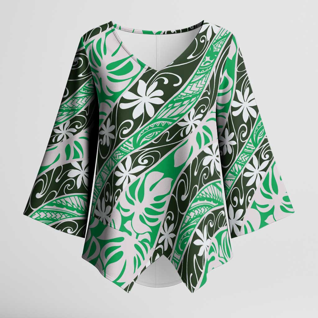 Matie Tahiti Tiare Monstera Kimono Sleeve Blouse Polynesian Pattern Curve Style LT01 Female Green - Polynesian Pride