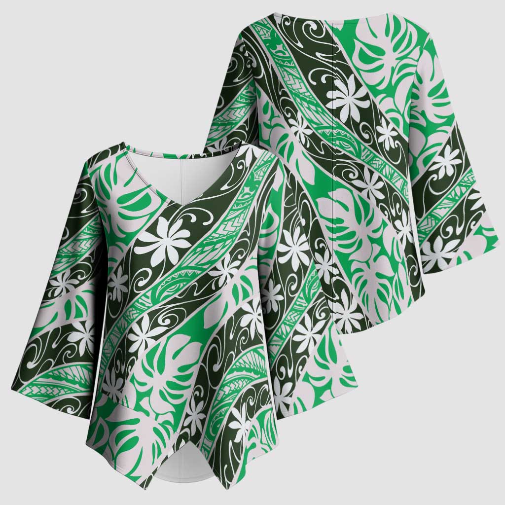 Matie Tahiti Tiare Monstera Kimono Sleeve Blouse Polynesian Pattern Curve Style LT01 - Polynesian Pride