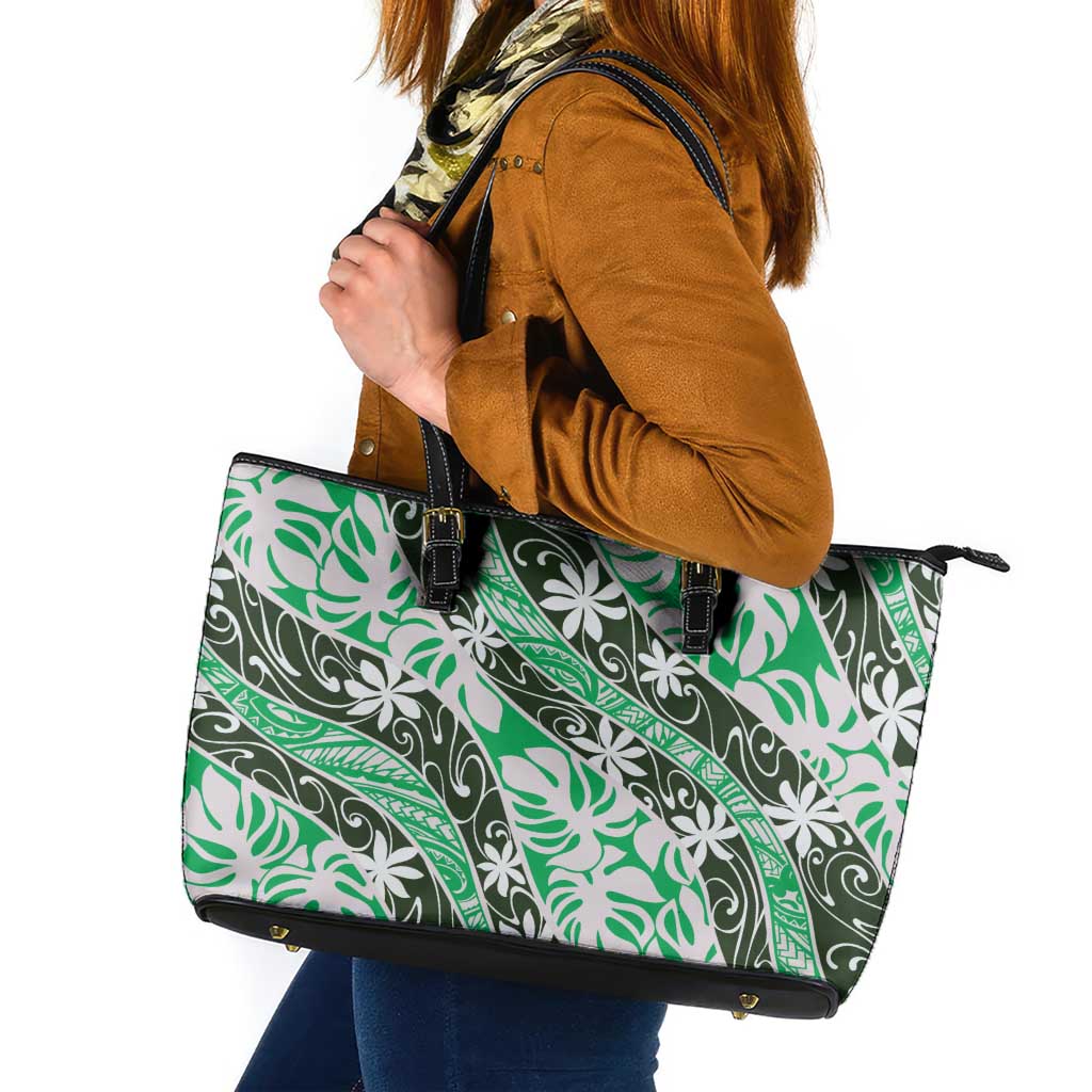Matie Tahiti Tiare Monstera Leather Tote Bag Polynesian Pattern Curve Style LT01 Green - Polynesian Pride
