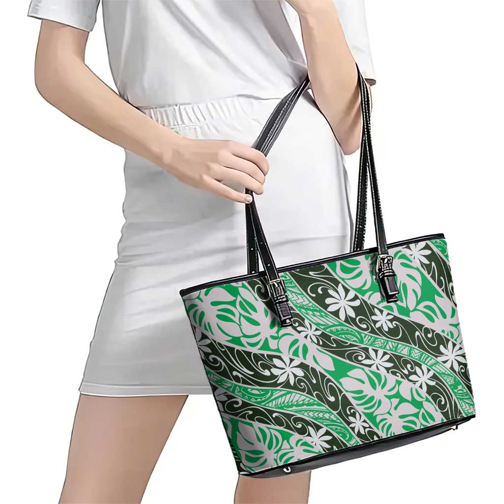 Matie Tahiti Tiare Monstera Leather Tote Bag Polynesian Pattern Curve Style LT01 - Polynesian Pride