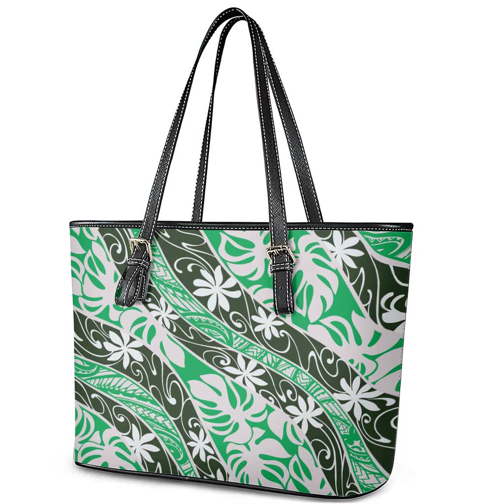 Matie Tahiti Tiare Monstera Leather Tote Bag Polynesian Pattern Curve Style LT01 - Polynesian Pride