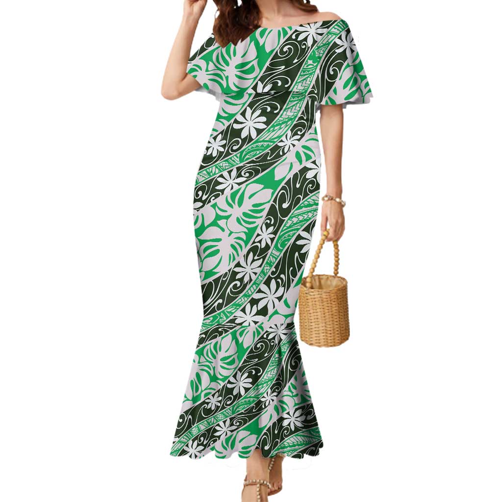 Matie Tahiti Tiare Monstera Mermaid Dress Polynesian Pattern Curve Style LT01 Women Green - Polynesian Pride