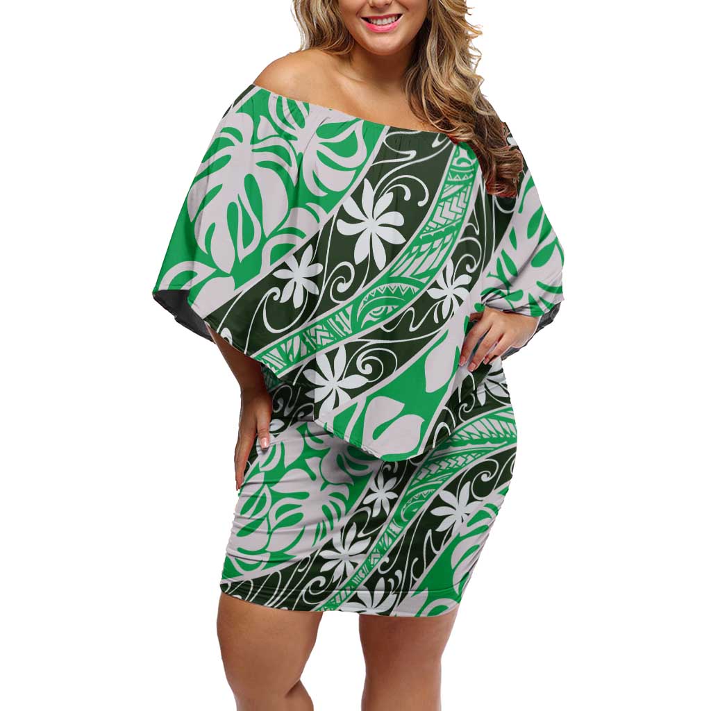 Matie Tahiti Tiare Monstera Off Shoulder Short Dress Polynesian Pattern Curve Style LT01 Women Green - Polynesian Pride