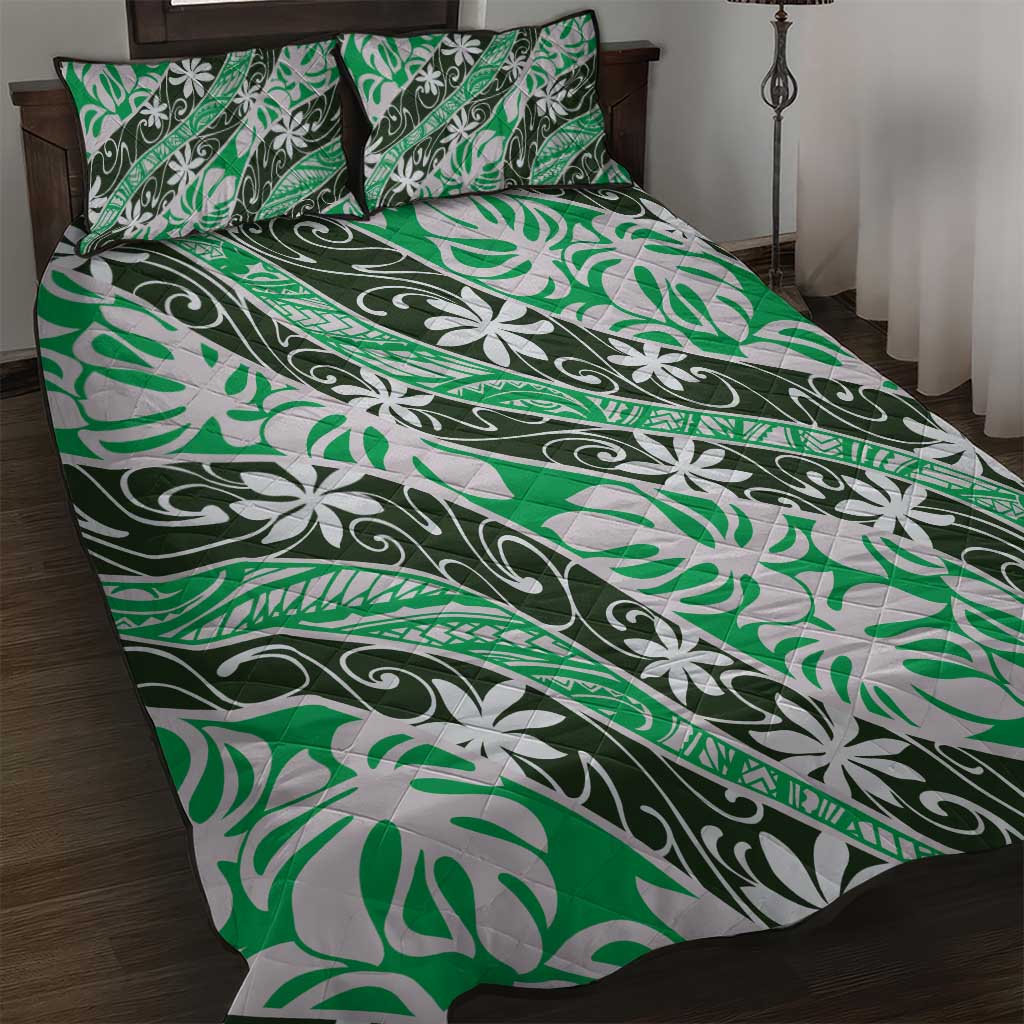 Matie Tahiti Tiare Monstera Quilt Bed Set Polynesian Pattern Curve Style LT01 Green - Polynesian Pride