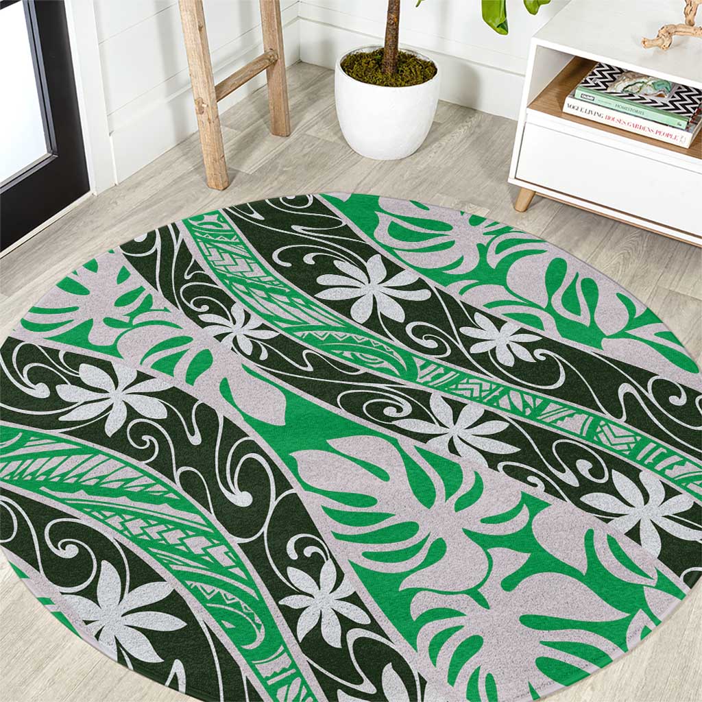 Matie Tahiti Tiare Monstera Round Carpet Polynesian Pattern Curve Style LT01 Green - Polynesian Pride