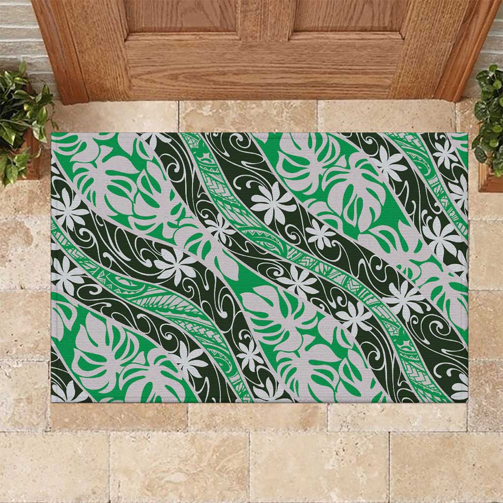 Matie Tahiti Tiare Monstera Rubber Doormat Polynesian Pattern Curve Style LT01 Green - Polynesian Pride