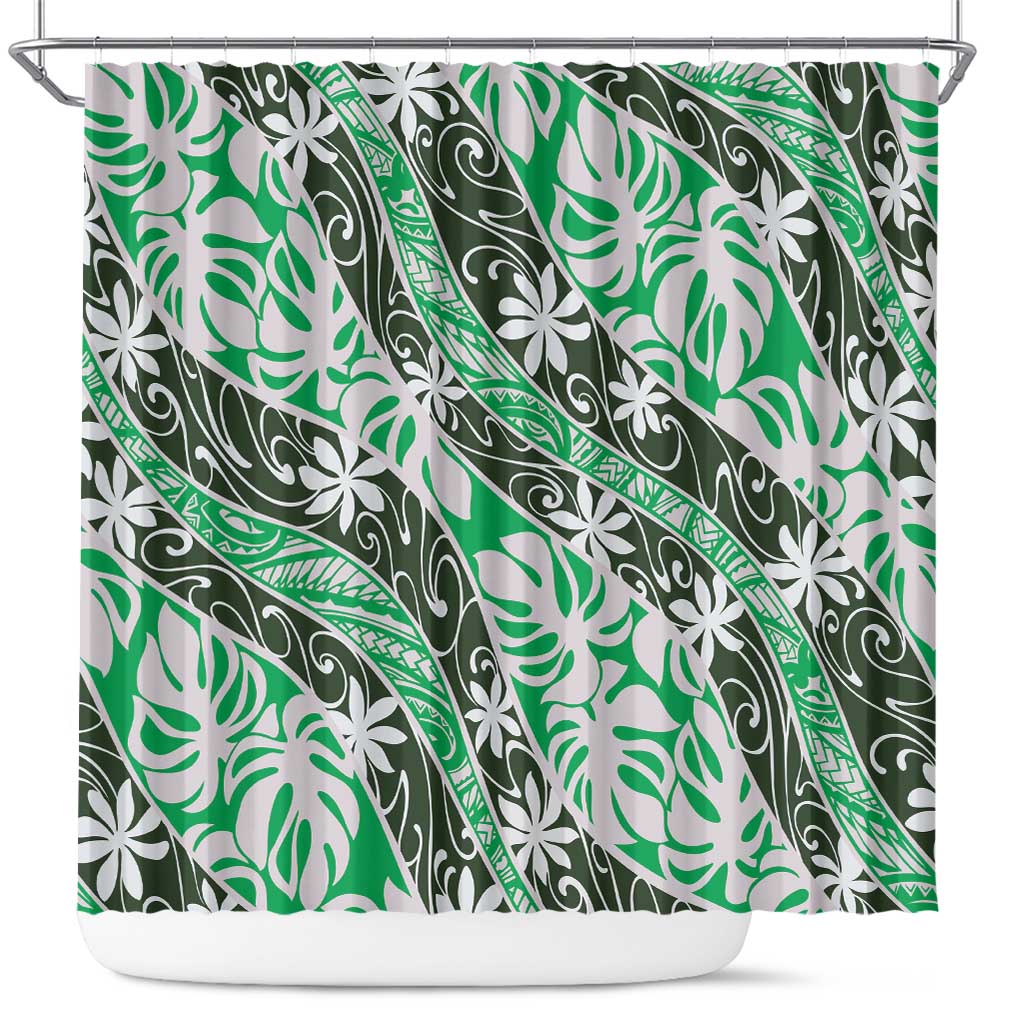 Matie Tahiti Tiare Monstera Shower Curtain Polynesian Pattern Curve Style LT01 Green - Polynesian Pride