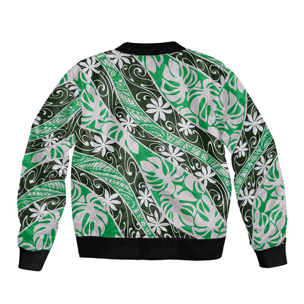 Matie Tahiti Tiare Monstera Sleeve Zip Bomber Jacket Polynesian Pattern Curve Style LT01 - Polynesian Pride