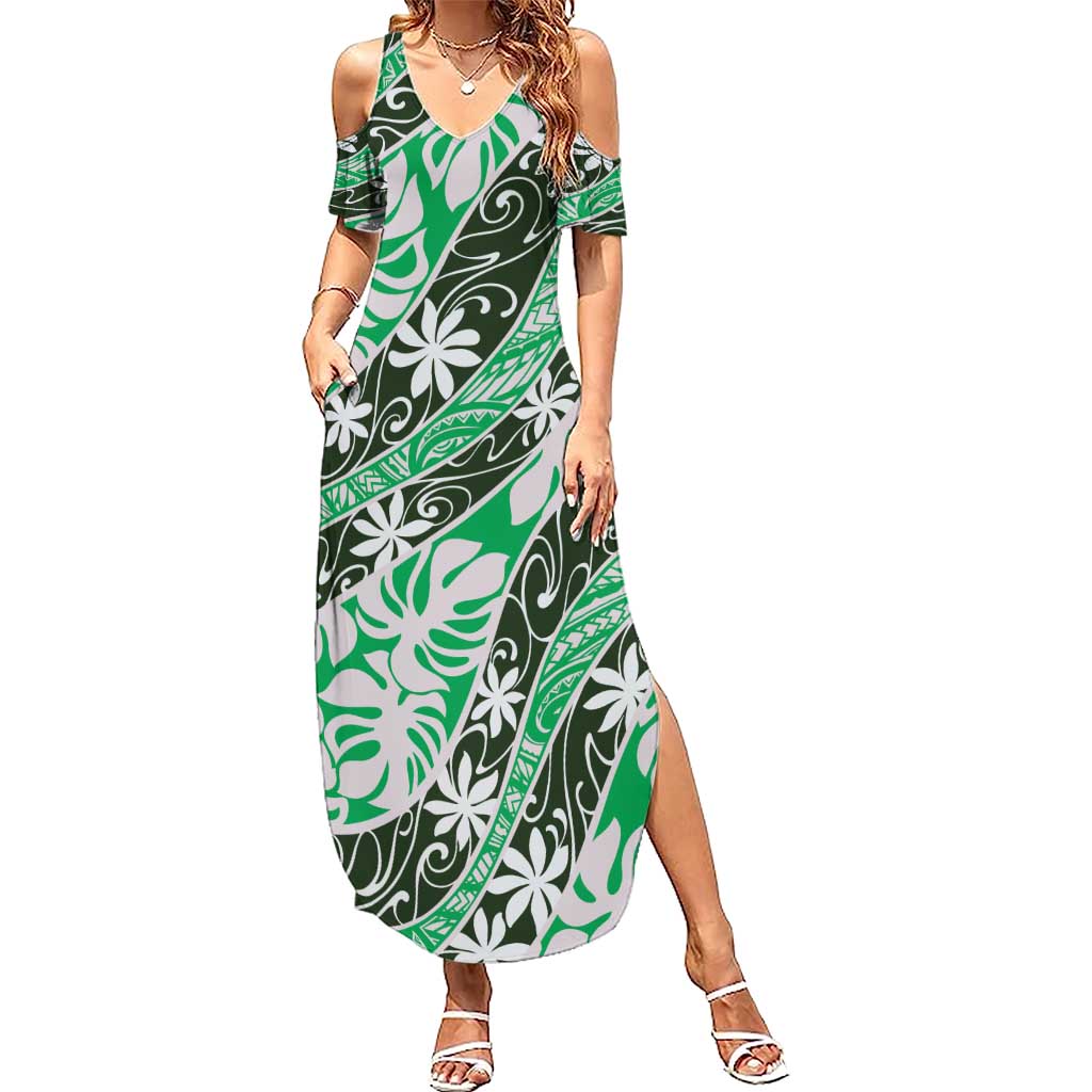 Matie Tahiti Tiare Monstera Summer Maxi Dress Polynesian Pattern Curve Style LT01 Women Green - Polynesian Pride
