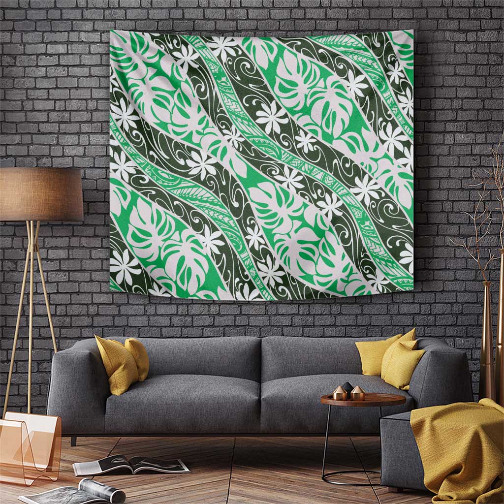 Matie Tahiti Tiare Monstera Tapestry Polynesian Pattern Curve Style LT01 Green - Polynesian Pride