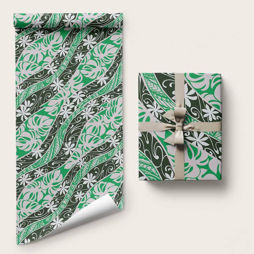Matie Tahiti Tiare Monstera Wrapping Paper Polynesian Pattern Curve Style LT01 58" × 23" Green - Polynesian Pride