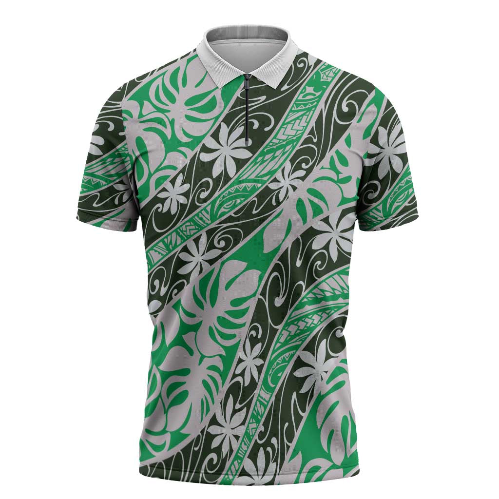 Matie Tahiti Tiare Monstera Zipper Polo Shirt Polynesian Pattern Curve Style LT01 Green - Polynesian Pride