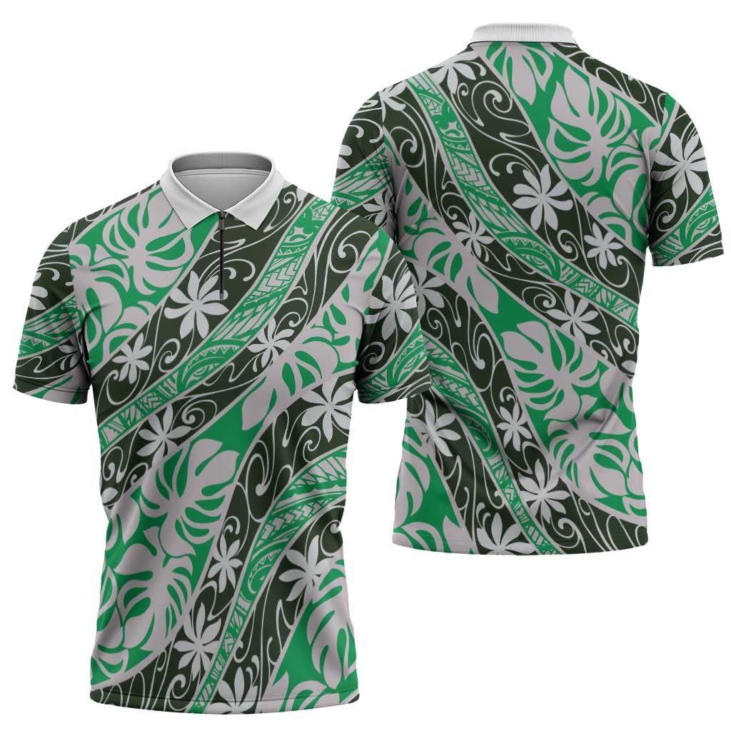 Matie Tahiti Tiare Monstera Zipper Polo Shirt Polynesian Pattern Curve Style LT01 - Polynesian Pride