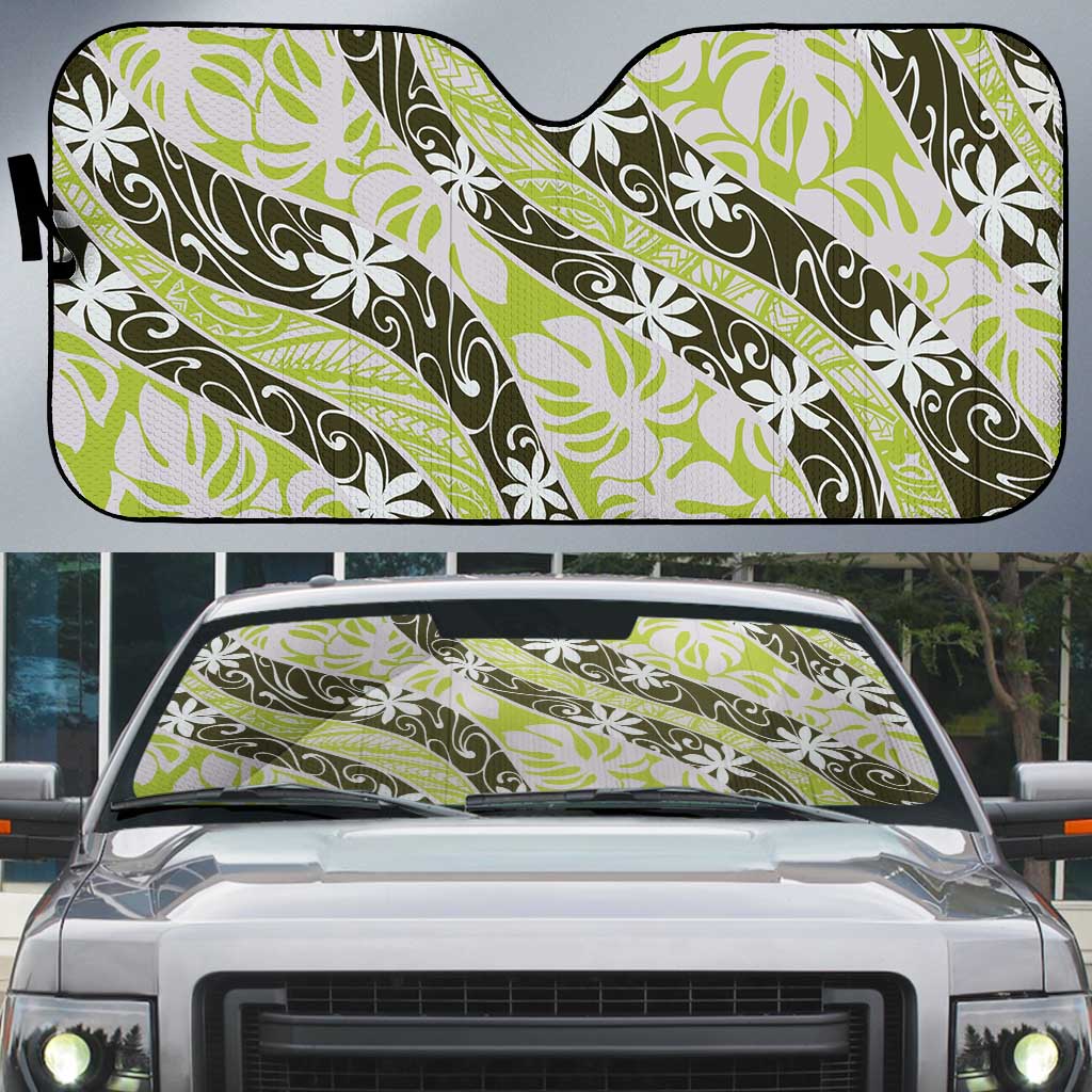 Olive Tahiti Tiare Monstera Auto Sun Shade Polynesian Pattern Curve Style LT01 Olive - Polynesian Pride
