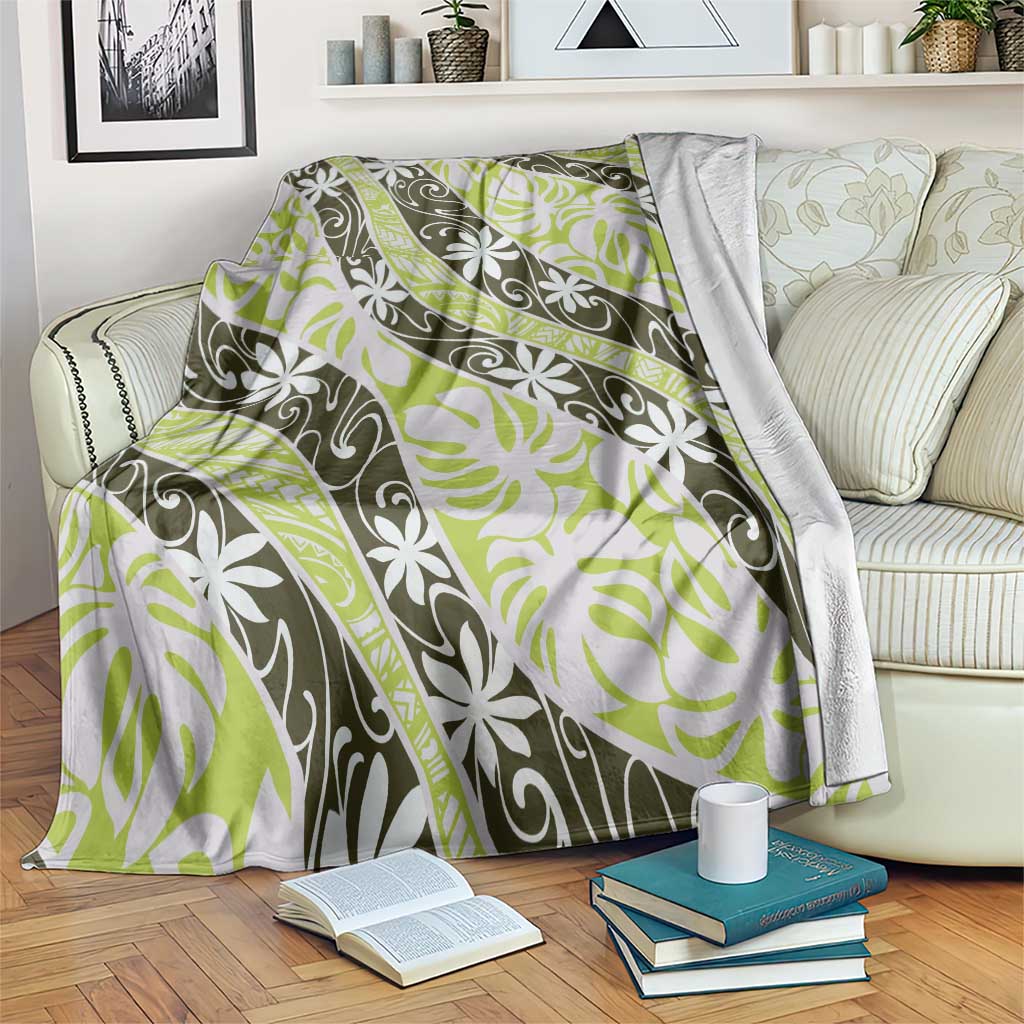 Olive Tahiti Tiare Monstera Blanket Polynesian Pattern Curve Style LT01 Olive - Polynesian Pride