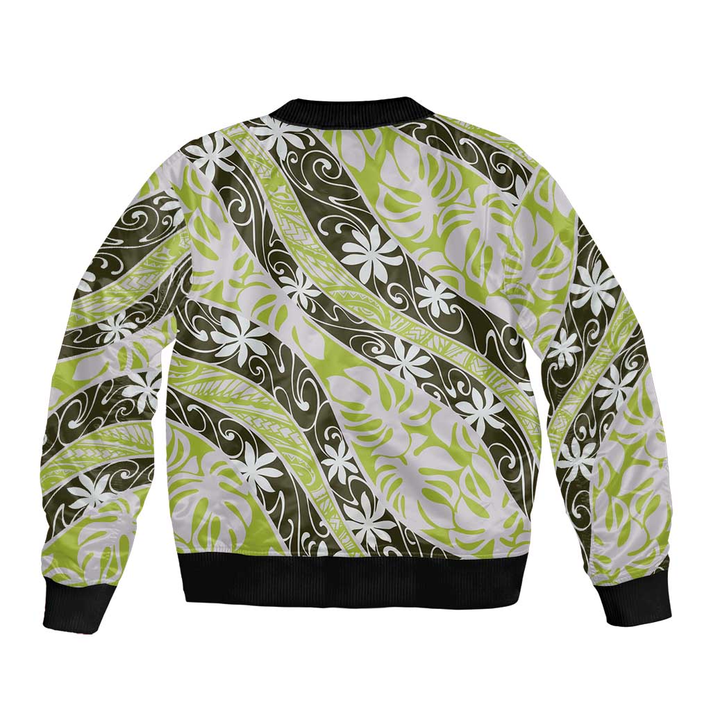 Olive Tahiti Tiare Monstera Bomber Jacket Polynesian Pattern Curve Style LT01 - Polynesian Pride