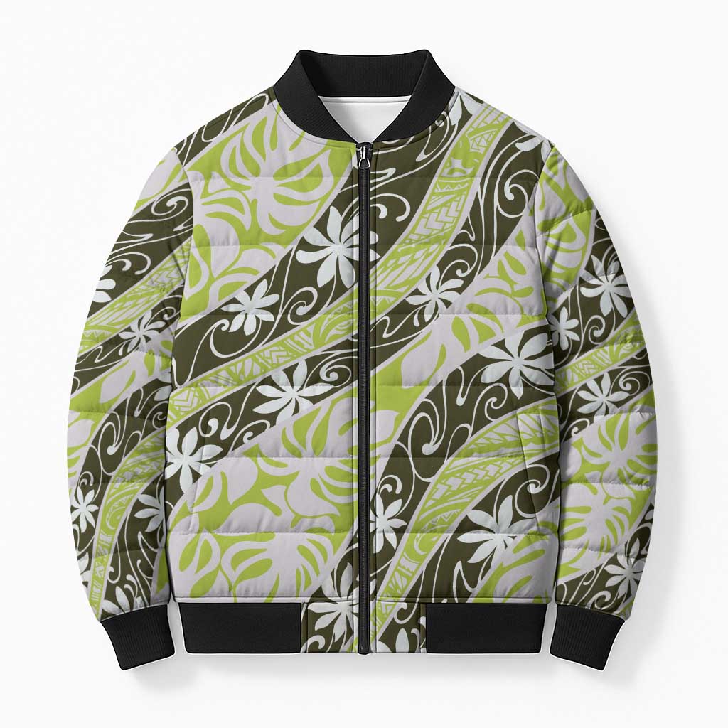 Olive Tahiti Tiare Monstera Bomber Puffer Jacket Polynesian Pattern Curve Style LT01 Unisex Olive - Polynesian Pride