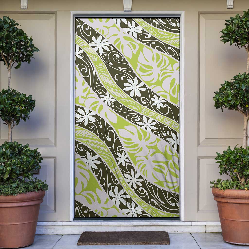 Olive Tahiti Tiare Monstera Door Cover Polynesian Pattern Curve Style LT01 Olive - Polynesian Pride